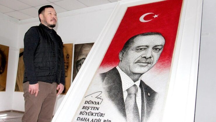 Kırgız ressam, 70 bin çivi ve tel ile Cumhurbaşkanı Erdoğan’ın portresini yaptı